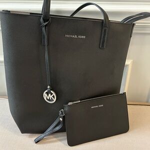 Michael Kors Black Medium zip top tote up Tote Bag with matching wristlet.